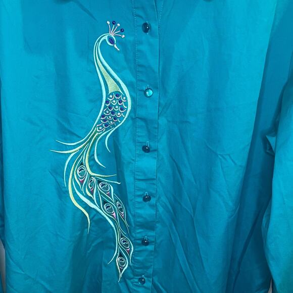 Bob Mackie Button Down Peacock Tunic Top Size 2X Slit Hem Teal/‎ Green - Picture 7 of 7